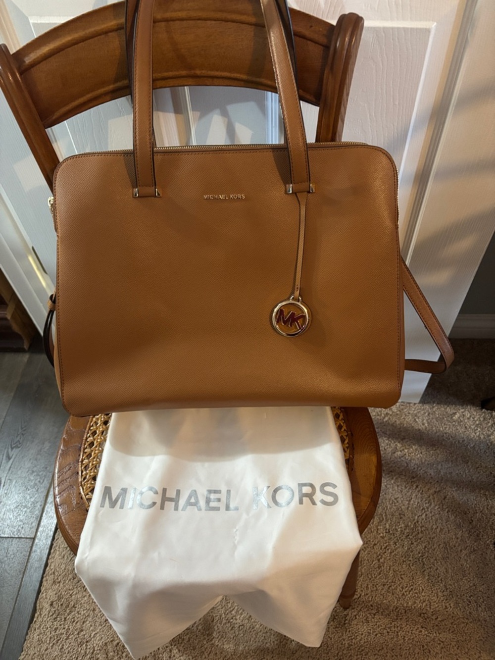 Michael Kors Cognac Leather Satchel with Gold MK Charm